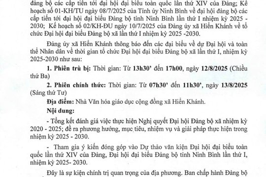 Thông báo về thời gian tổ chức Đại hội đại biểu Đảng bộ xã Hiển Khánh lần thứ I, nhiệm kỳ 2025 - 2030