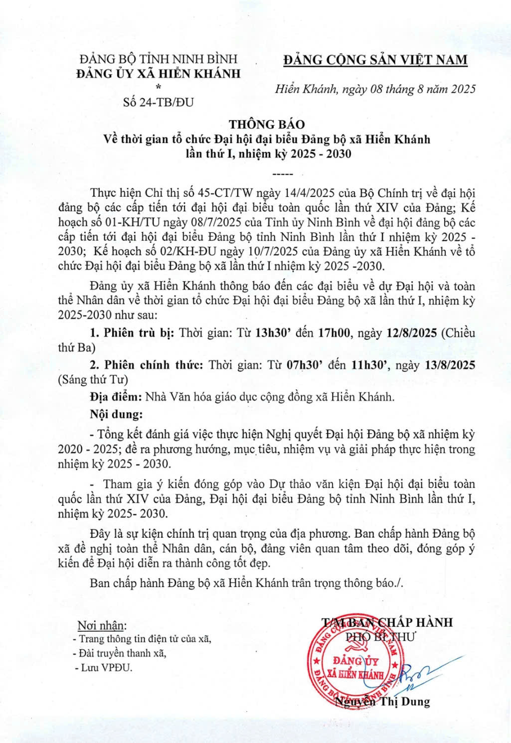 Thông báo về thời gian tổ chức Đại hội đại biểu Đảng bộ xã Hiển Khánh lần thứ I, nhiệm kỳ 2025 - 2030